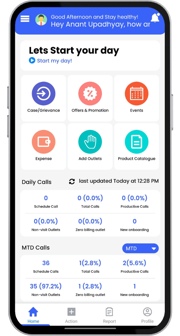 TrueSales SFA home dashboard showing daily and month-to-date call metrics